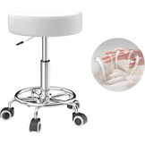 Kruk, in hoogte verstelbaar, 43-57 cm, rolkruk met voetensteun voor ontspanning van het lichaam, compact, comfortabel en licht, PU-lederen kruk met wielen, draaikruk, werkkruk, kapperskruk, bureaukruk