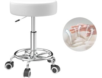 Kruk, in hoogte verstelbaar, 43-57 cm, rolkruk met voetensteun voor ontspanning van het lichaam, compact, comfortabel en licht, PU-lederen kruk met wielen, draaikruk, werkkruk, kapperskruk, bureaukruk