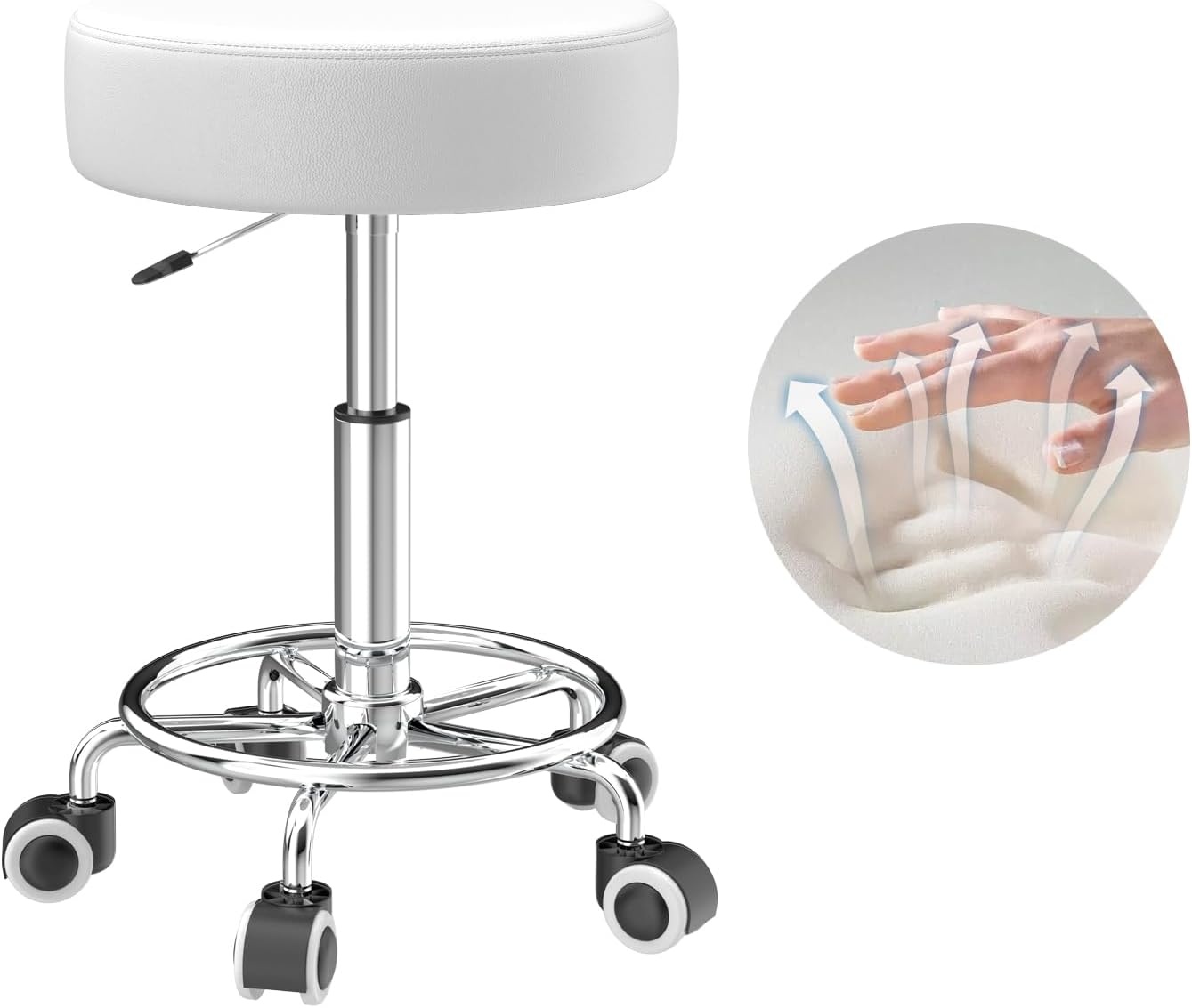Kruk, in hoogte verstelbaar, 43-57 cm, rolkruk met voetensteun voor ontspanning van het lichaam, compact, comfortabel en licht, PU-lederen kruk met wielen, draaikruk, werkkruk, kapperskruk, bureaukruk