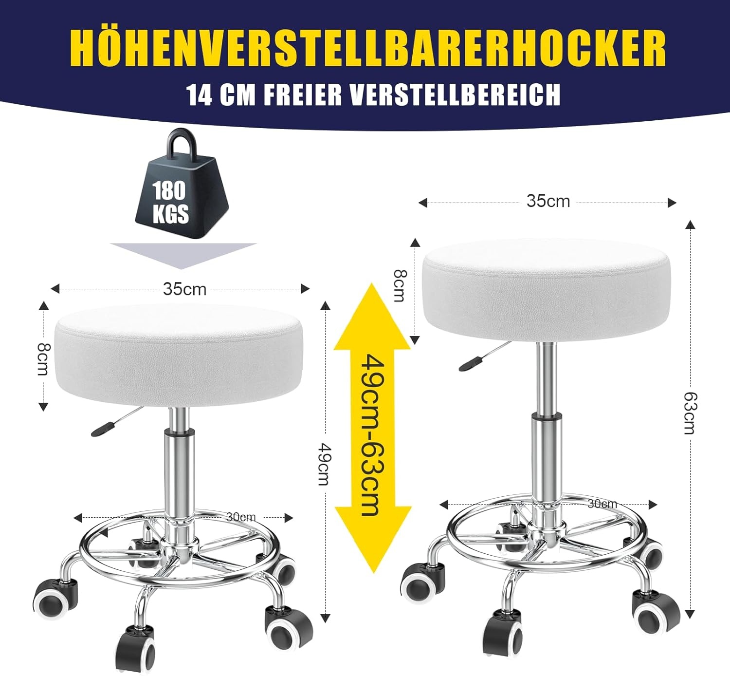 Kruk, in hoogte verstelbaar, 43-57 cm, rolkruk met voetensteun voor ontspanning van het lichaam, compact, comfortabel en licht, PU-lederen kruk met wielen, draaikruk, werkkruk, kapperskruk, bureaukruk