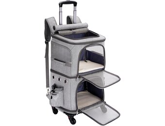 Kattenrugzak met dubbele compartimenten en afneembare wielen, opvouwbare hondendragerrugzak, huisdierendrager rugzak voor 2 katten, kleine honden, grijs, XL
