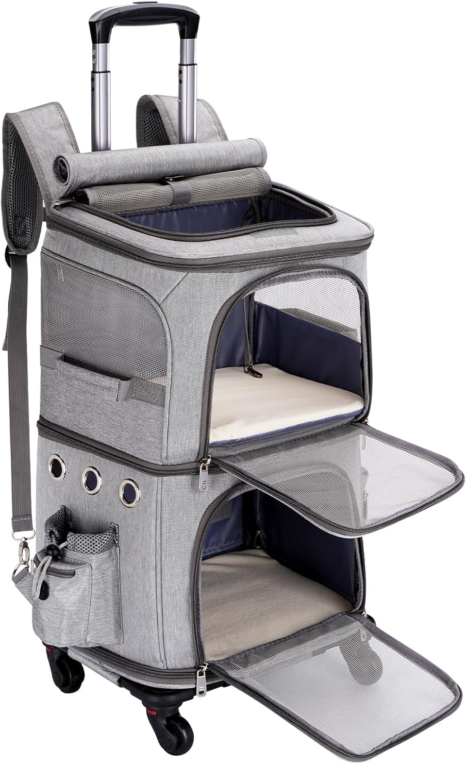 Kattenrugzak met dubbele compartimenten en afneembare wielen, opvouwbare hondendragerrugzak, huisdierendrager rugzak voor 2 katten, kleine honden, grijs, XL