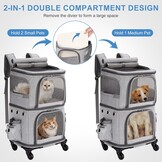 Kattenrugzak met dubbele compartimenten en afneembare wielen, opvouwbare hondendragerrugzak, huisdierendrager rugzak voor 2 katten, kleine honden, grijs, XL