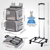 Kattenrugzak met dubbele compartimenten en afneembare wielen, opvouwbare hondendragerrugzak, huisdierendrager rugzak voor 2 katten, kleine honden, grijs, XL
