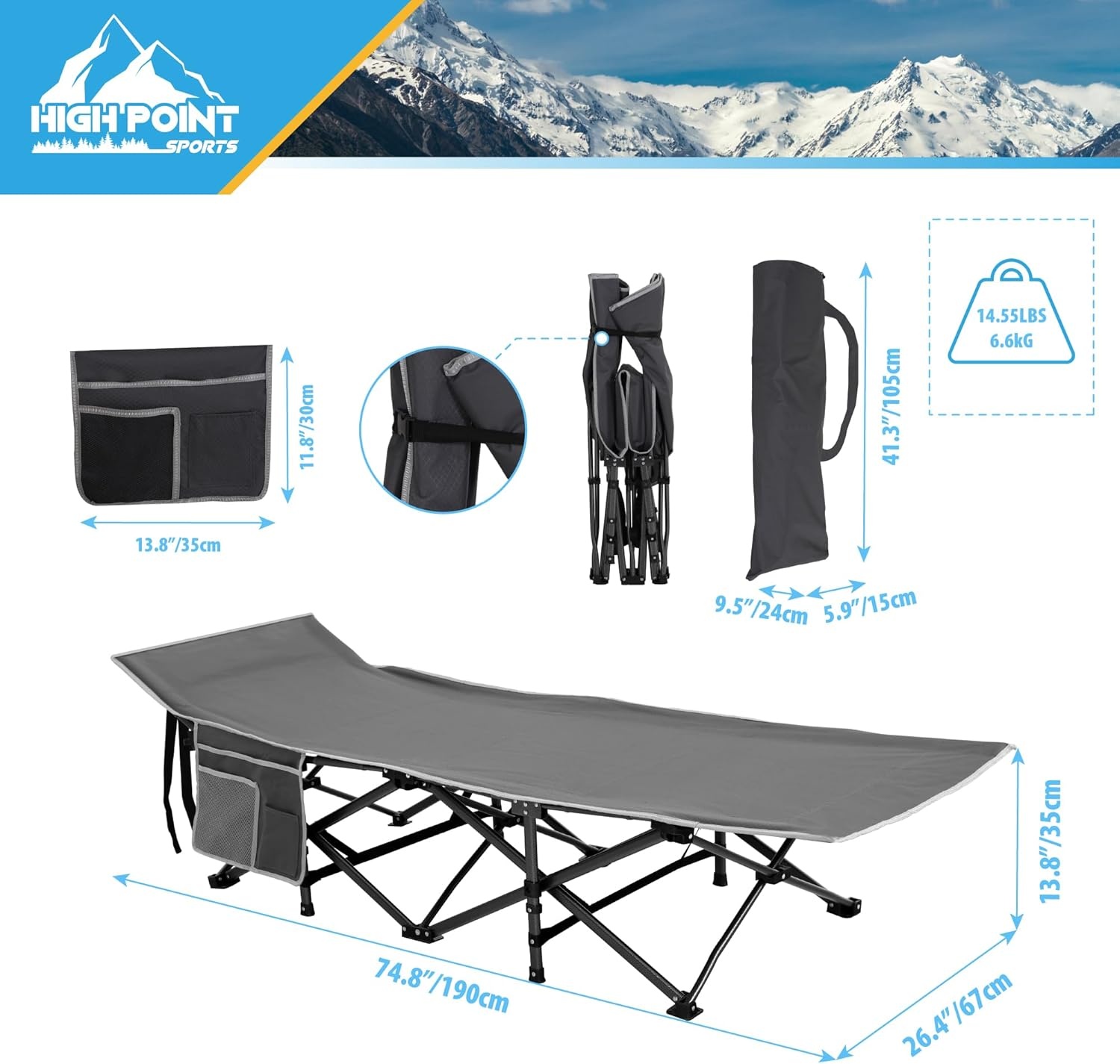 High Point Sports Campingbed XXL 190 x 67 cm, tot 270 kg, inklapbaar met draagtas