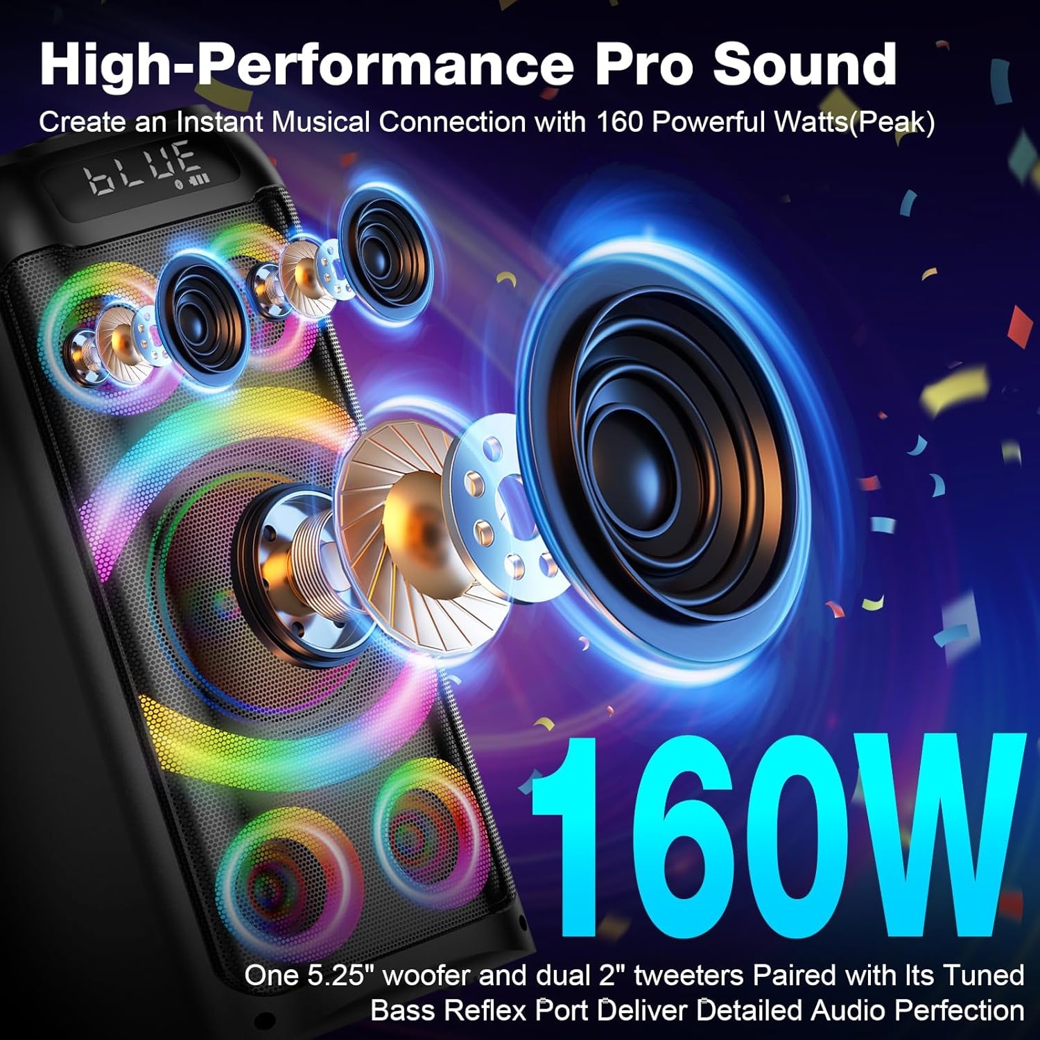 BOHINI T77 Draadloze Bluetooth Speaker met Subwoofer, 160W Piekvermogen, Zwart