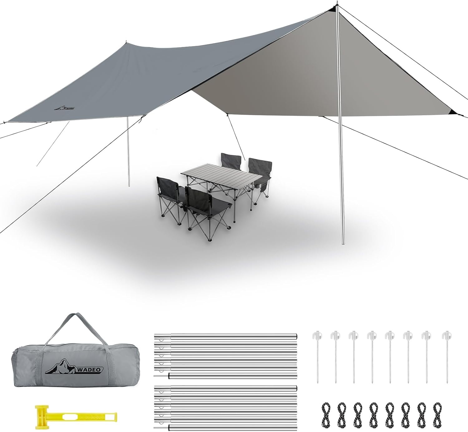 WADEO Camping Tarp 3.6 x 4.8m Waterdicht UV-bestendig Grijs