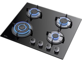 Hermitlux Gaskookplaat met 4 branders, 60 cm, voor aard-/propaangas, veiligheid met thermoelement, zwart glas