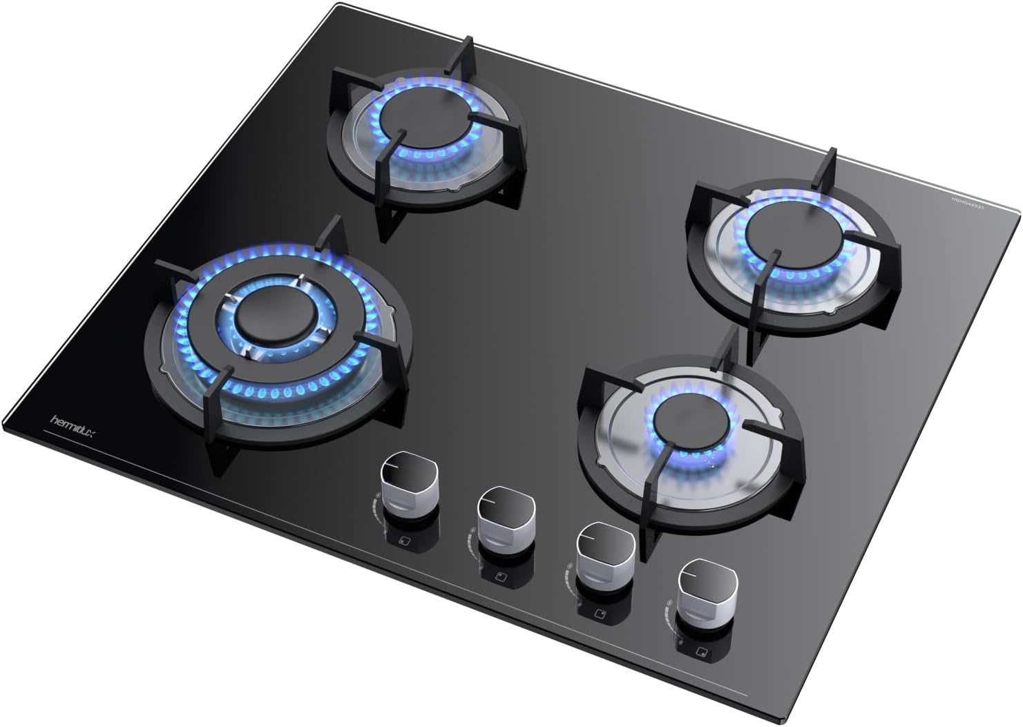 Hermitlux Gaskookplaat met 4 branders, 60 cm, voor aard-/propaangas, veiligheid met thermoelement, zwart glas