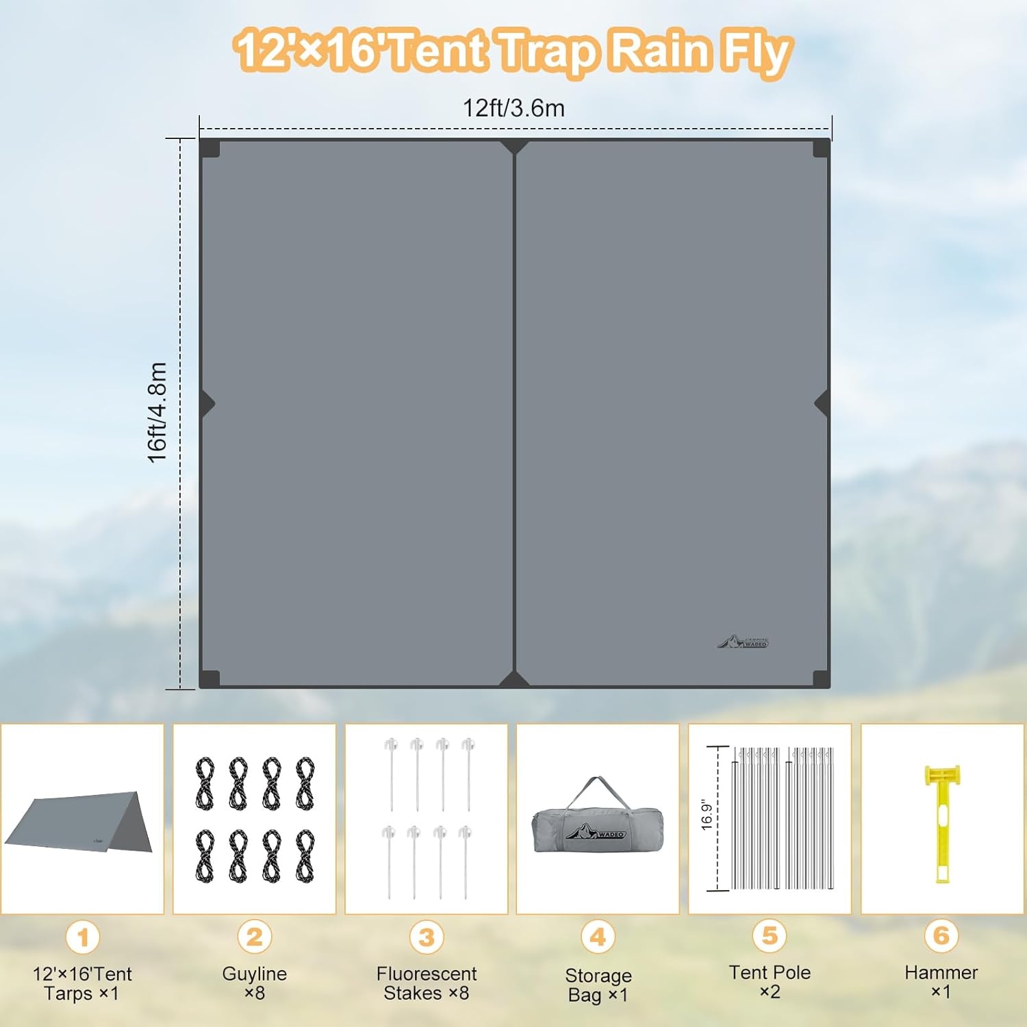 WADEO Camping Tarp 3.6 x 4.8m Waterdicht UV-bestendig Grijs