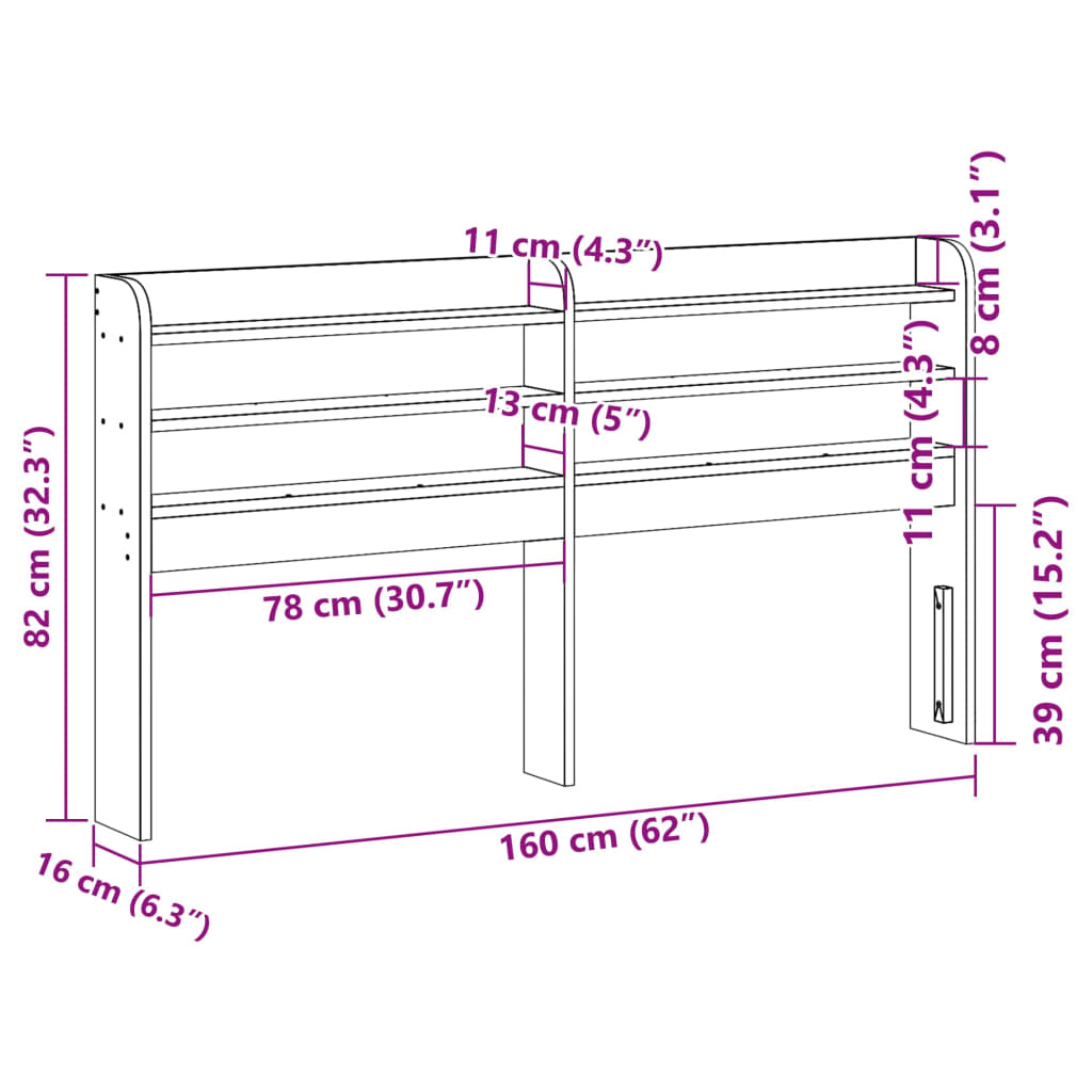 vidaXL Hoofdbord met schappen 150 cm massief grenenhout wasbruin