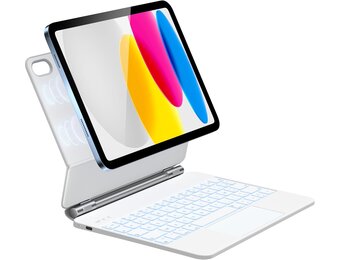 HOU iPad 10e generatie toetsenbord met trackpad, 7 kleuren achtergrondverlichting, AZERTY, wit