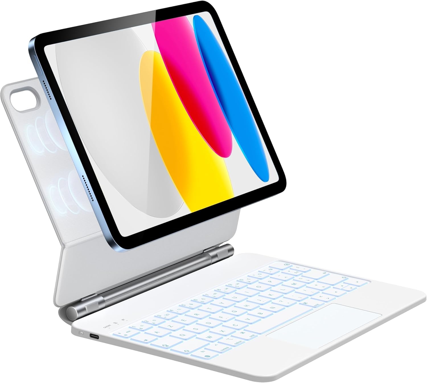 HOU iPad 10e generatie toetsenbord met trackpad, 7 kleuren achtergrondverlichting, AZERTY, wit