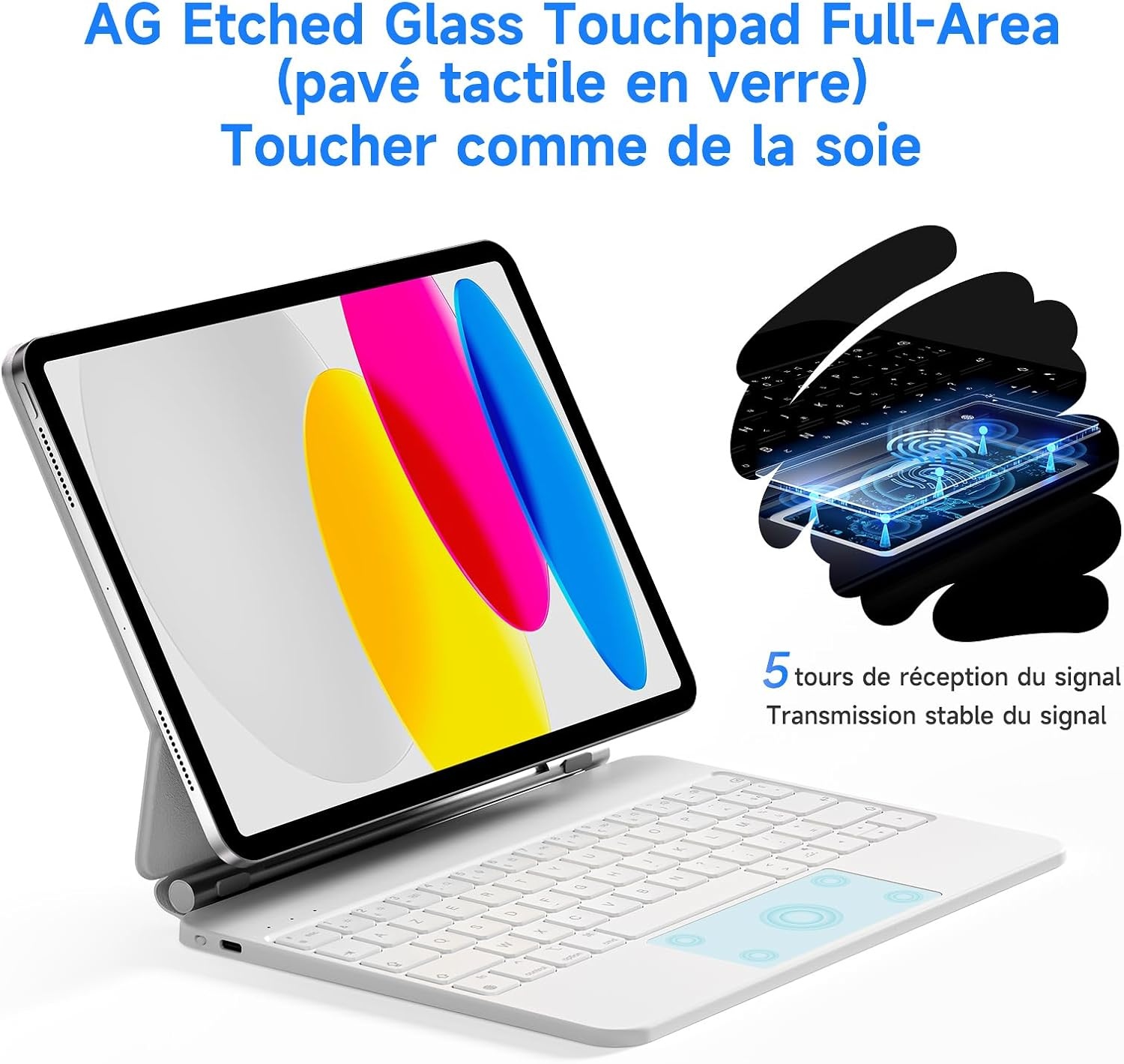 HOU iPad 10e generatie toetsenbord met trackpad, 7 kleuren achtergrondverlichting, AZERTY, wit