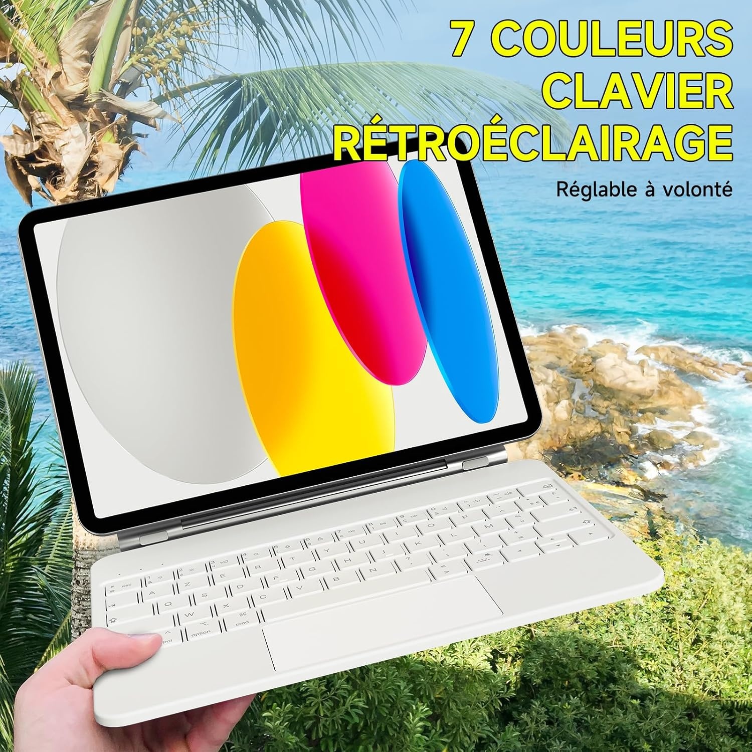 HOU iPad 10e generatie toetsenbord met trackpad, 7 kleuren achtergrondverlichting, AZERTY, wit