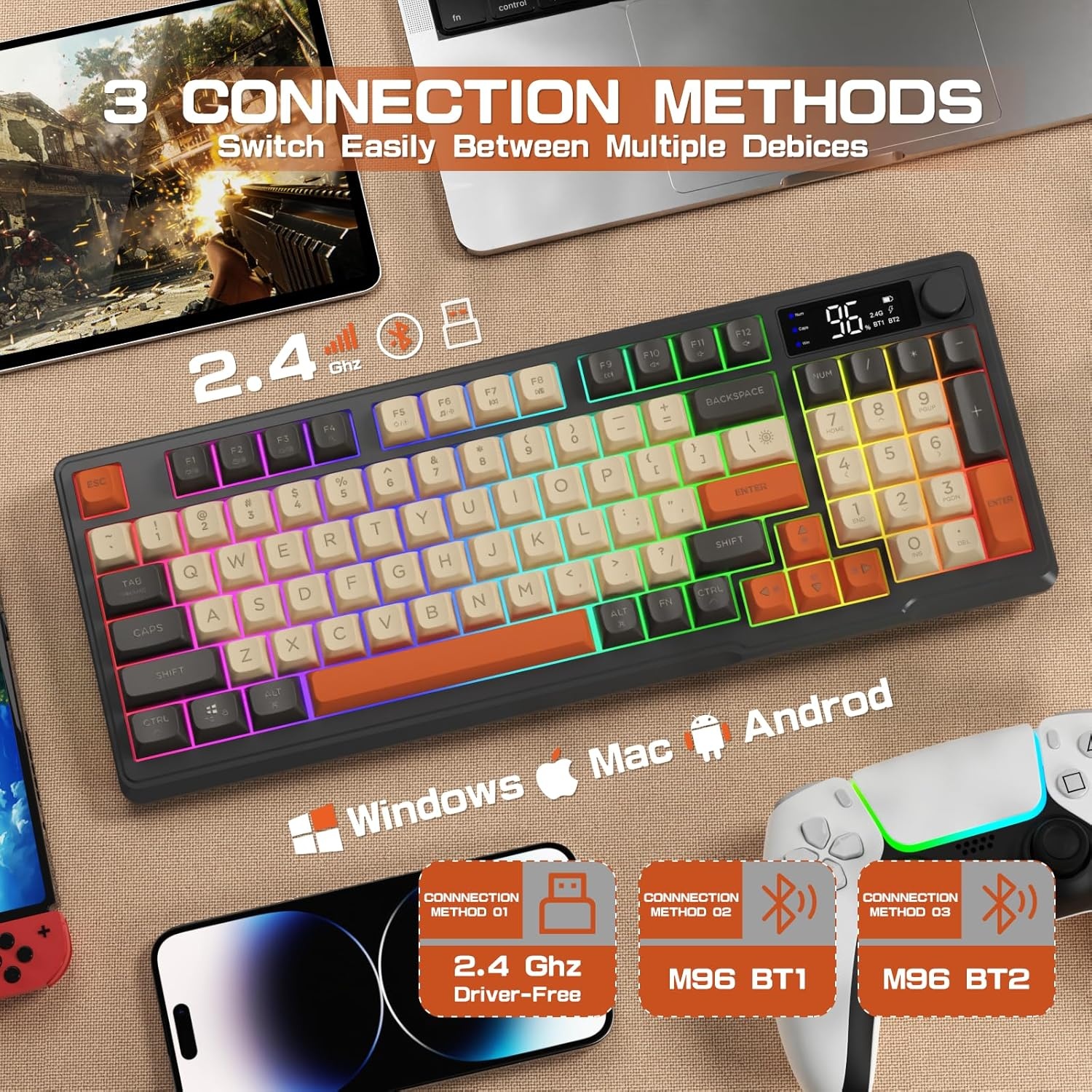 M96 Gaming Toetsenbord Draadloos 2.4G/Bluetooth 5.0 Grijs