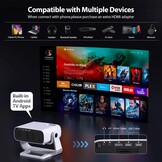 Smart Beamer 25000 Lumens, Android 11, 4K Trapezkorrektur, WiFi 6 & BT 5.2, Zwart