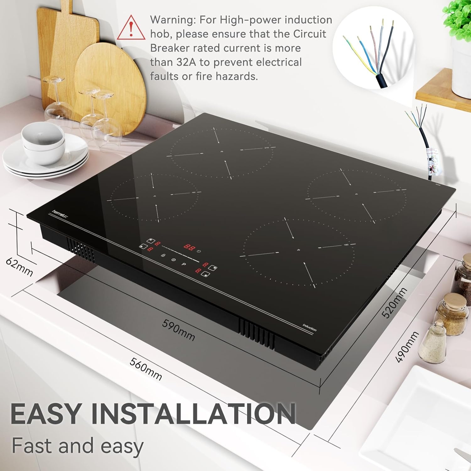 Inductiekookplaat 60cm, 4 Zones, 7400W - 60% Korting!