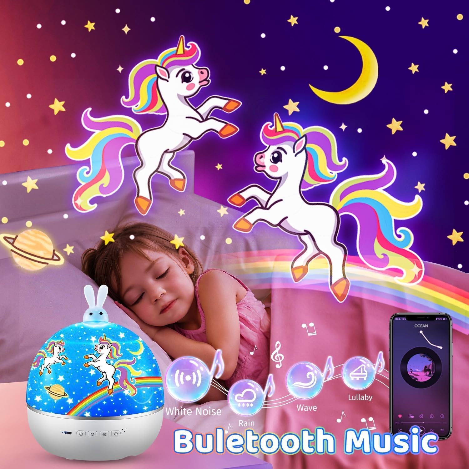 Night Light, nachtlampje sterrenhemel projector kinderen met 15 films, nachtlampje kinderen nachtlampje baby, muziekdoos baby meisjes, bluetooth bedlampje kinderlamp kinderkamer decoratie, babycadeau