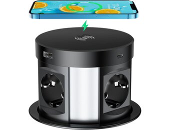 Intrekbare stekkerdoos met 4 stopcontacten, 2x USB-C, 2x USB-A en draadloze oplader, 3680W