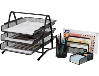 EasyPAG Kantoorbureau, opgeruimd, 4-delige organizerset - 3-laags A4-archieflade, pennenpot, kleverige notitiehouder, briefsorteerrek, zwart