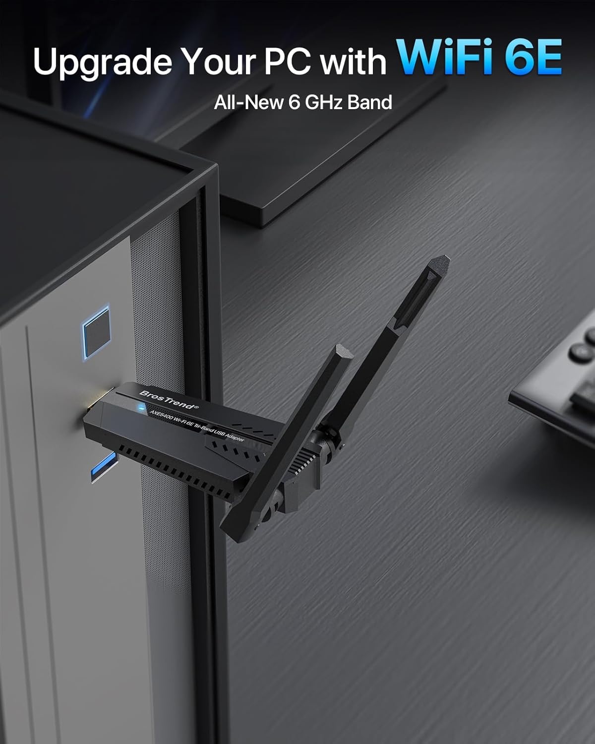 BrosTrend AXE5400 WiFi 6E USB-Adapter, Tri-Band Langeafstand USB WiFi Adapter Netwerkadapter for PC 6GHz 2402Mbps + 5GHz 2402Mbps + 2.4G 574Mbps, Ultra-Lage Latentie WiFi Adapter for Windows 11/10