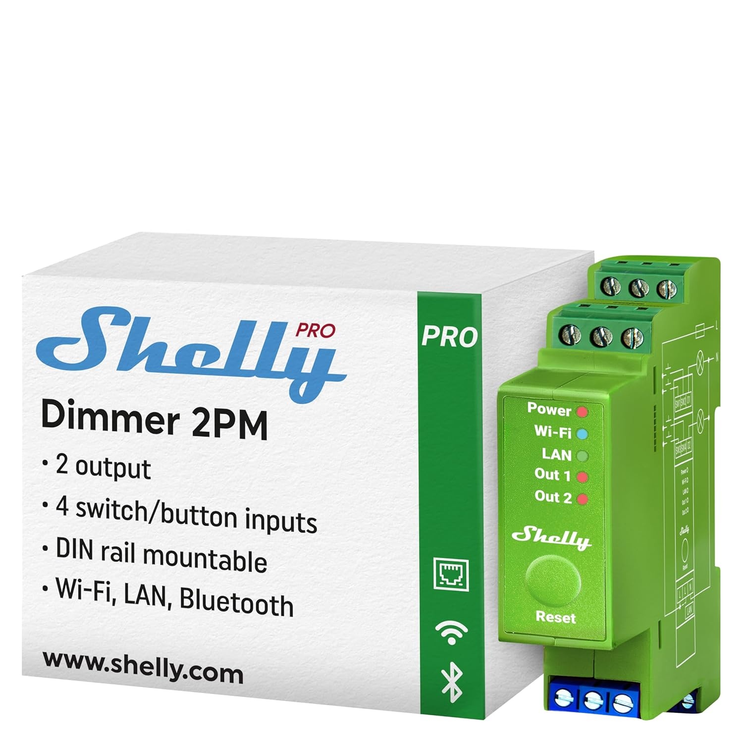 Shelly Pro Dimmer 2 PM│ Professionele│ Intelligente Dimmer Met 2 Kanalen│ DIN-Railmontage│ Vermogensmeter│ LAN│ WLAN En Bluetooth│ Alexa En Google Home│ iOS, Android App