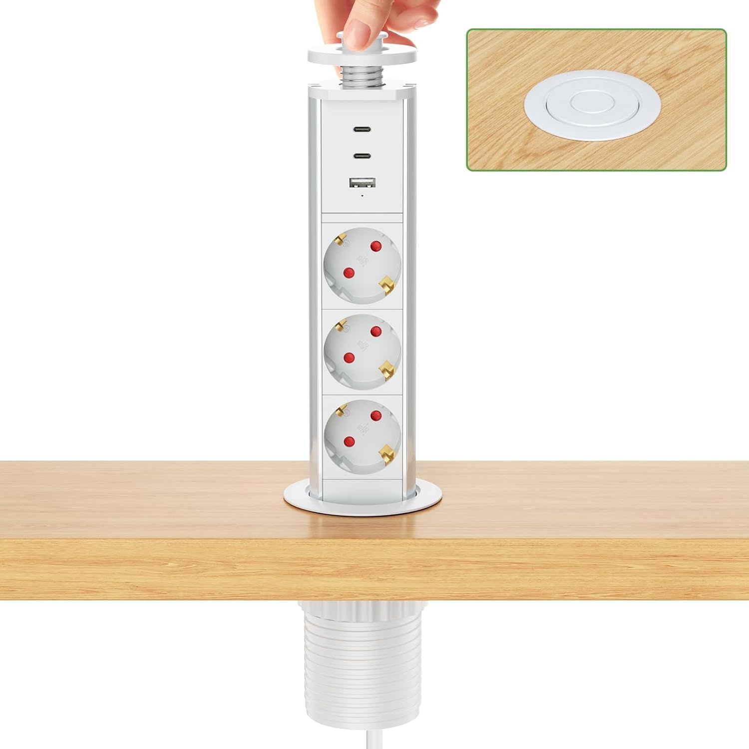 Inschuifbaar tafelstopcontact, 2 USB C PD 20 W, inbouwstopcontact, inschuifbaar, 3-voudig met USB, intrekbaar stopcontact met USB voor werkblad, keuken, kantoor, inbouwstekkerdoos met USB, 1,8 m kabel
