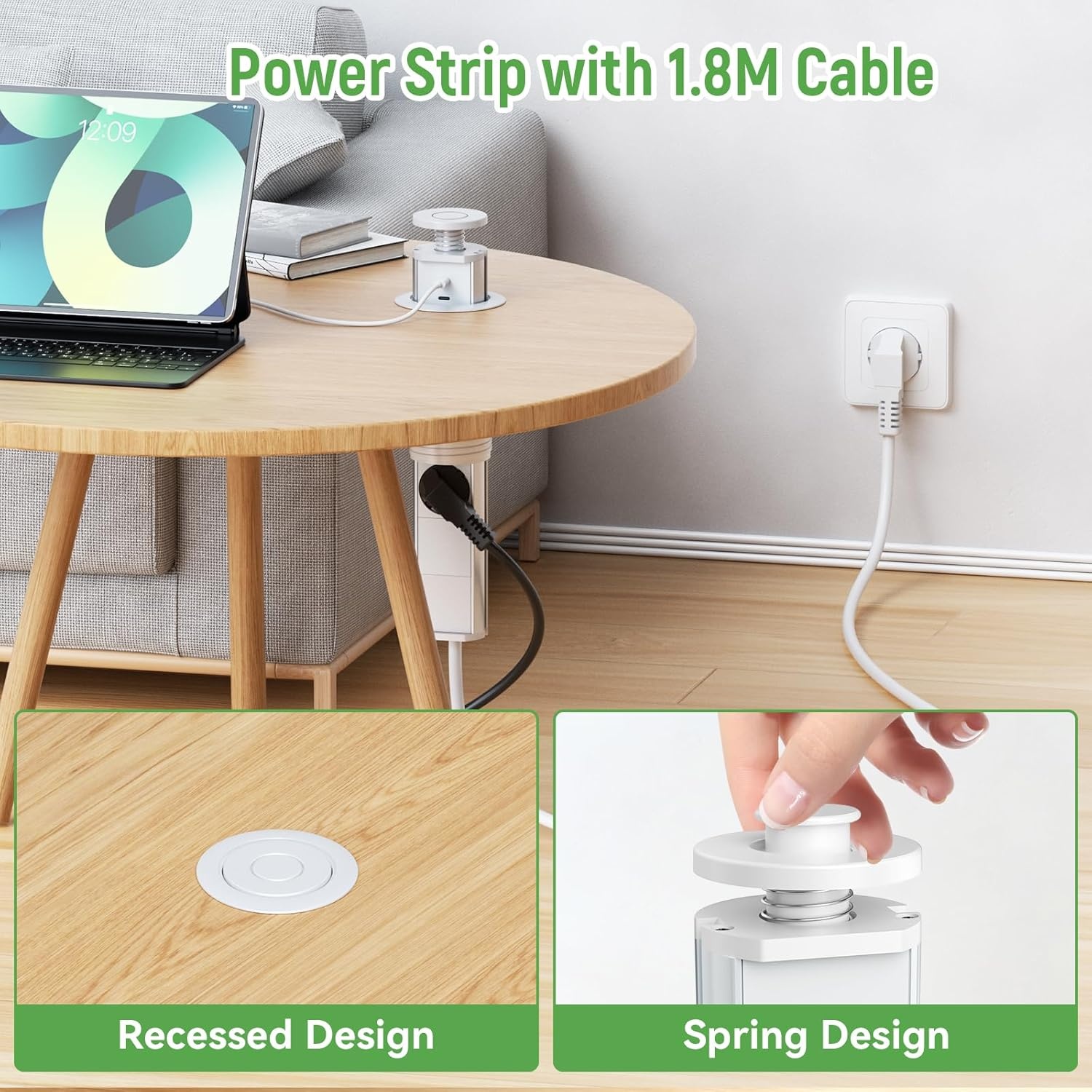 Inschuifbaar tafelstopcontact, 2 USB C PD 20 W, inbouwstopcontact, inschuifbaar, 3-voudig met USB, intrekbaar stopcontact met USB voor werkblad, keuken, kantoor, inbouwstekkerdoos met USB, 1,8 m kabel