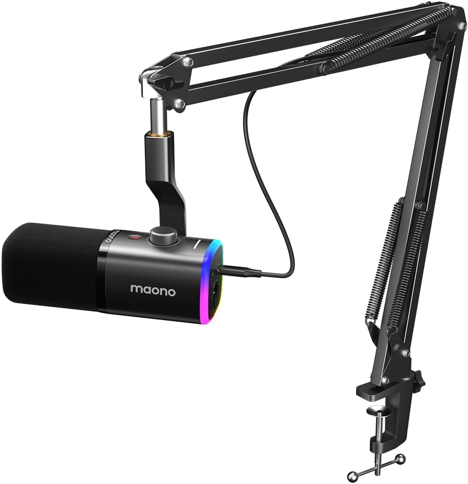 MAONO Dynamische gamingmicrofoon met boomarm: XLR/USB Podcast-microfoon met software, dempknop, versterkingsregeling, RGB-pc-microfoon voor streaming, opname, PS4/PS5, YouTube-contentcreatie PD100XS