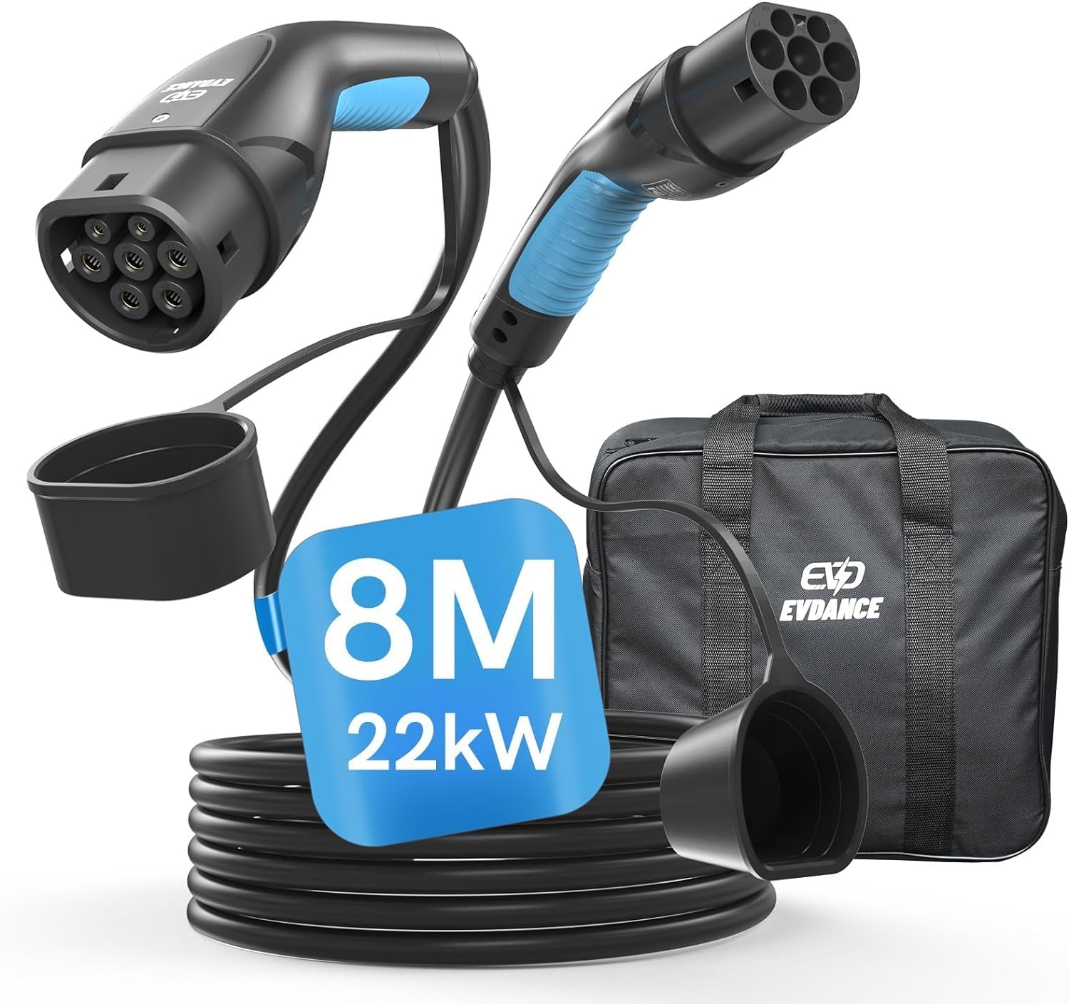 EVDANCE Type 2 oplaadkabel 22 kW | 32 A | 8 m | 3-fasen | type 2 naar type 2 | met tas voor E Auto EV/PHEV, compatibel met 3/S/X/Y, i3, ID.3, ID.4, E-Tron, IONIQ 5, ZOE, Kona EV, 500e, EQC