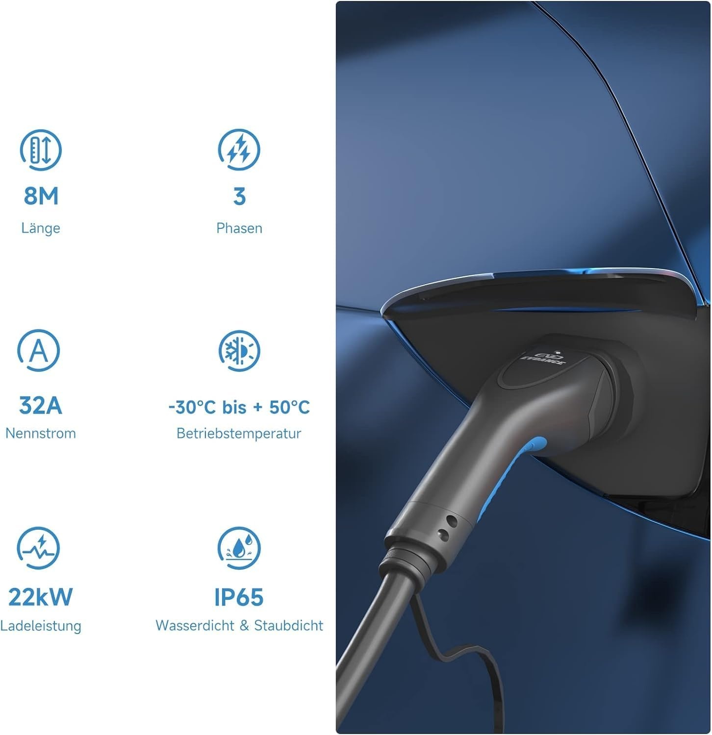 EVDANCE Type 2 oplaadkabel 22 kW | 32 A | 8 m | 3-fasen | type 2 naar type 2 | met tas voor E Auto EV/PHEV, compatibel met 3/S/X/Y, i3, ID.3, ID.4, E-Tron, IONIQ 5, ZOE, Kona EV, 500e, EQC