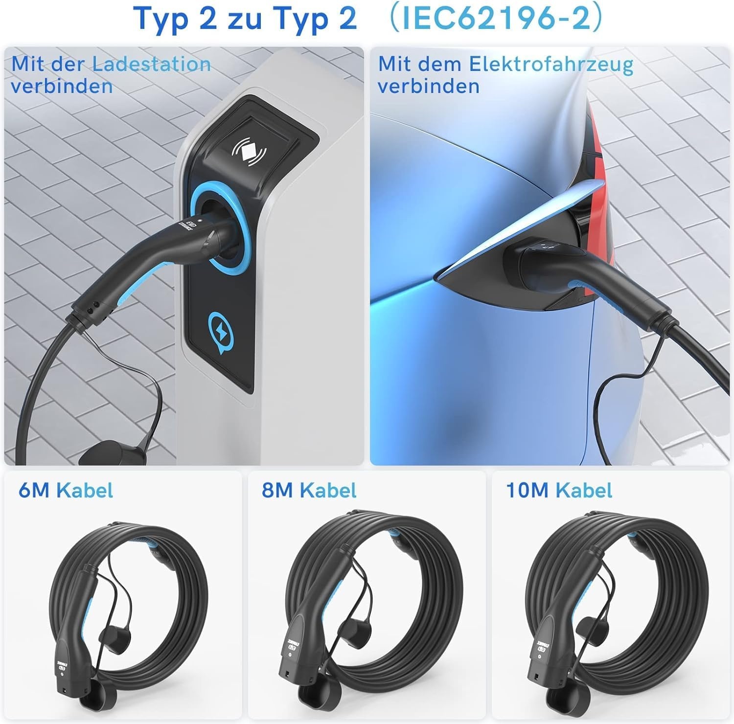 EVDANCE Type 2 oplaadkabel 22 kW | 32 A | 8 m | 3-fasen | type 2 naar type 2 | met tas voor E Auto EV/PHEV, compatibel met 3/S/X/Y, i3, ID.3, ID.4, E-Tron, IONIQ 5, ZOE, Kona EV, 500e, EQC