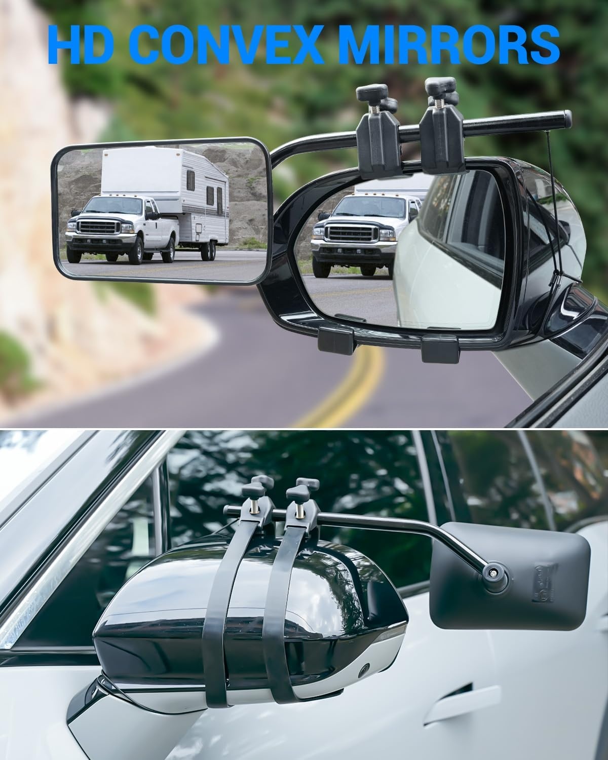 SUPAREE Convexe sleepspiegels voor caravans, caravanspiegels voor auto's, universele sleepspiegelverlengingen met klemmen en rubberen riemen, veilig voor camper, touring paar