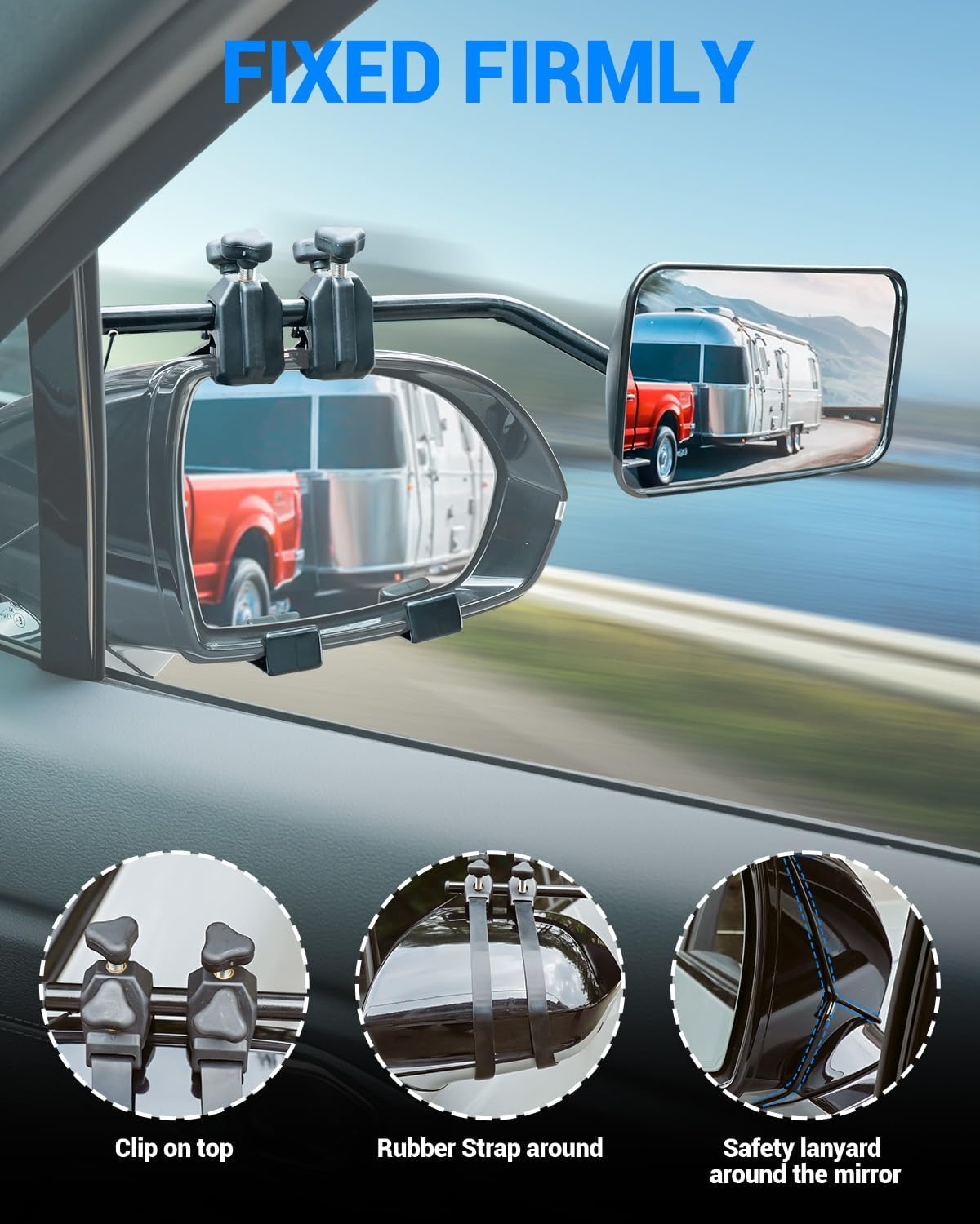 SUPAREE Convexe sleepspiegels voor caravans, caravanspiegels voor auto's, universele sleepspiegelverlengingen met klemmen en rubberen riemen, veilig voor camper, touring paar