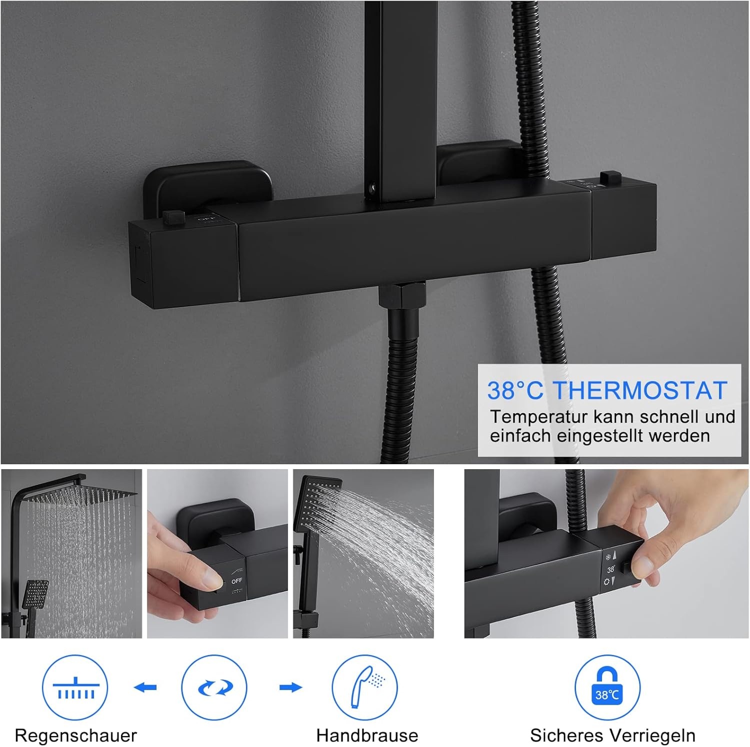 9007B Douchesysteem met Thermostaat - Zwart, 25x25 cm Rainshower