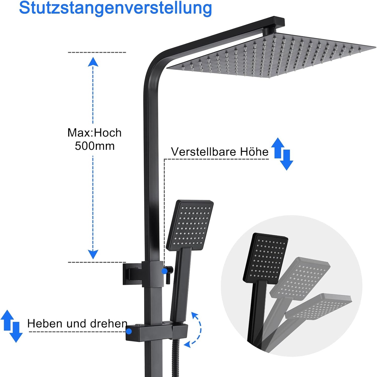 9007B Douchesysteem met Thermostaat - Zwart, 25x25 cm Rainshower