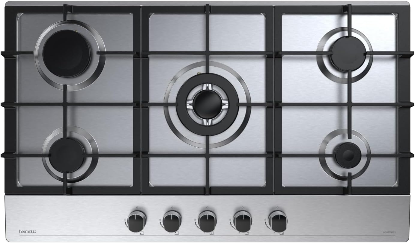 Hermitlux Gaskookplaat met 5 branders, 76 cm, voor aard-/propaangas, veiligheid door thermoelement, roestvrij staal