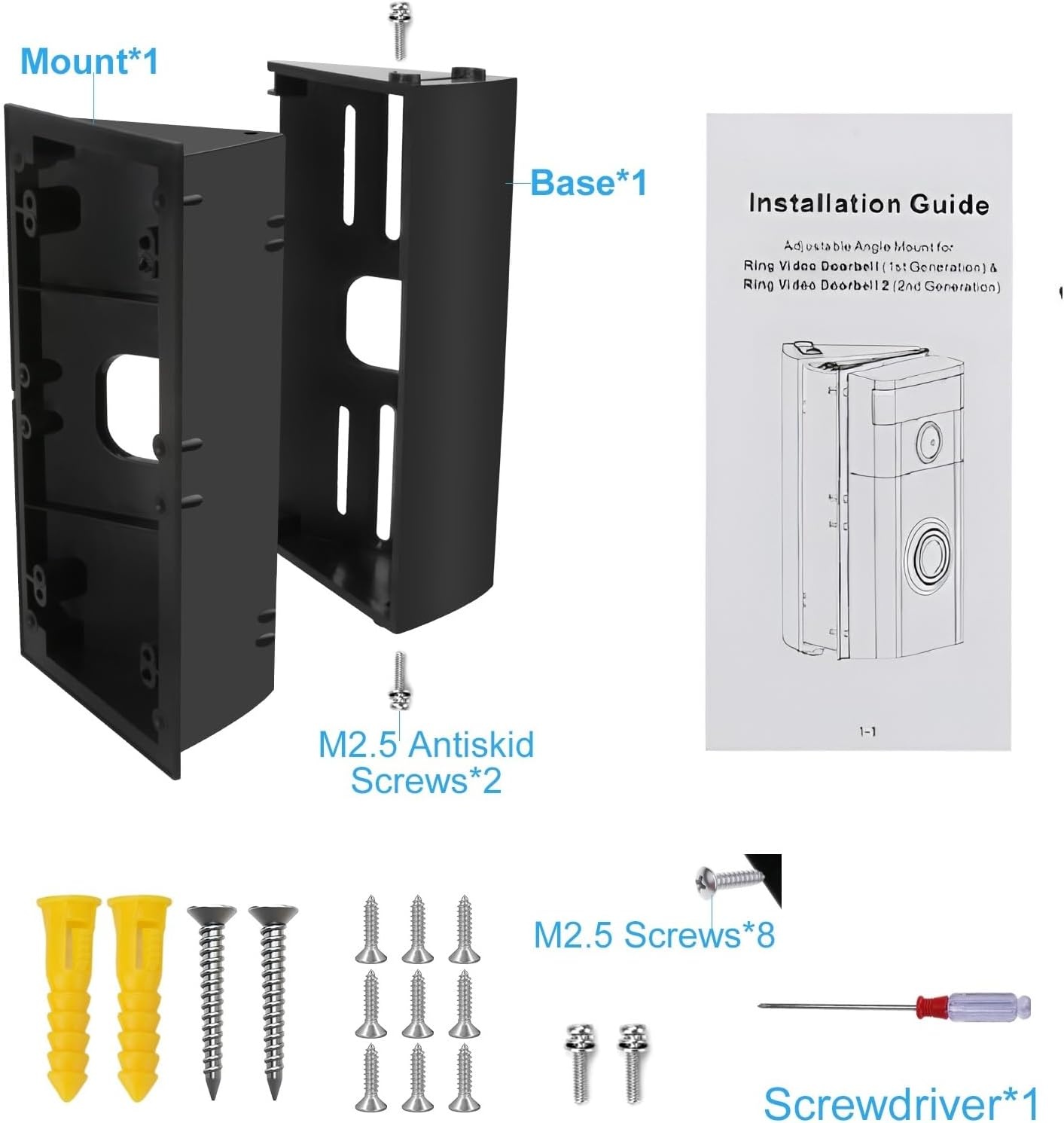 Verstelbare deurbel hoekbevestiging compatibel met videodeurbel 2e/3st/4st, vervangende hoekaanpassingsadapter, montagebeugel wig kit (30 tot 55 graden)