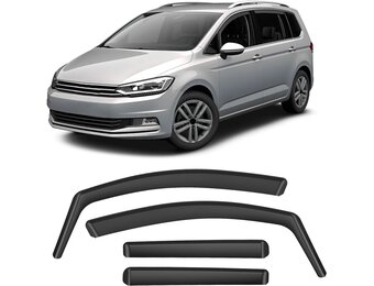 GEARMONSTER Windgeleider, zwart, compatibel met VW TOU-Ran 2004-2015, autoruiten, regenbescherming, regenbescherming, geïntegreerde deflectoren, geïntegreerde windgeleider, 4 stuks