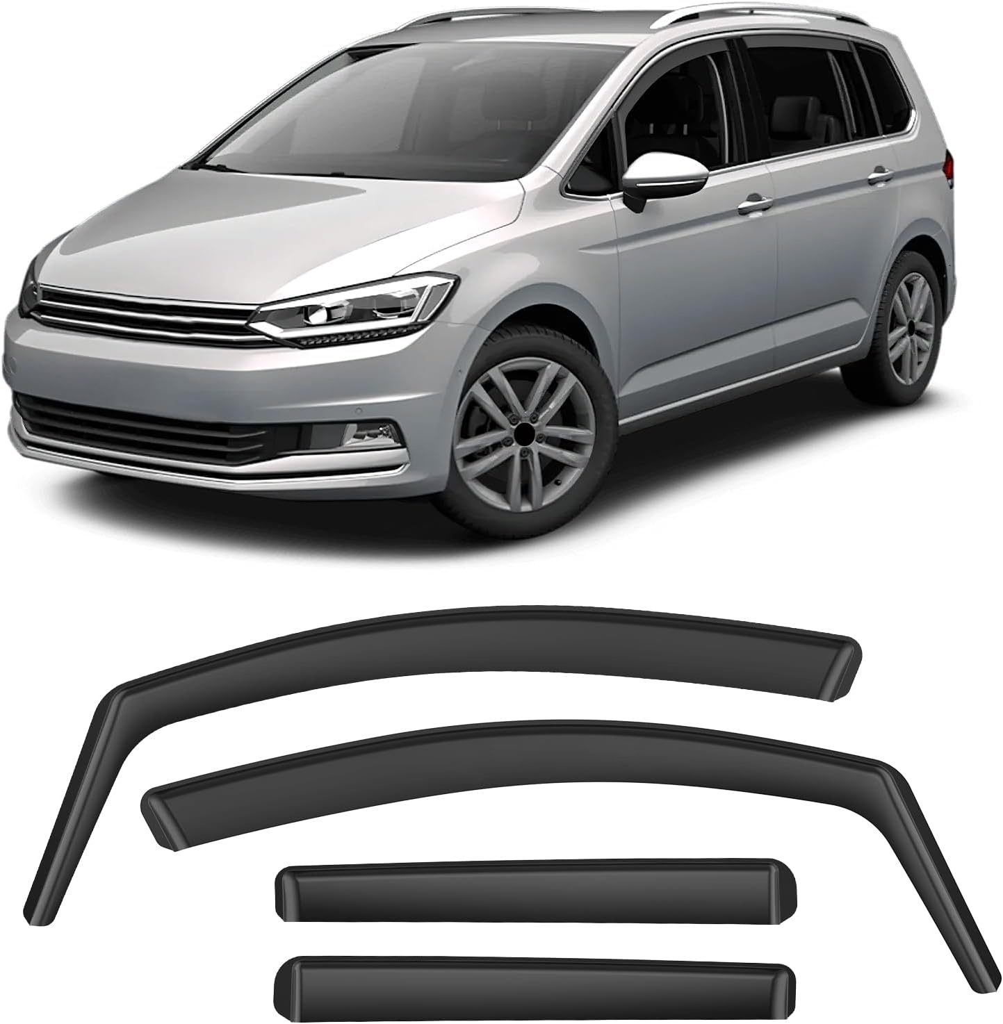 GEARMONSTER Windgeleider, zwart, compatibel met VW TOU-Ran 2004-2015, autoruiten, regenbescherming, regenbescherming, geïntegreerde deflectoren, geïntegreerde windgeleider, 4 stuks