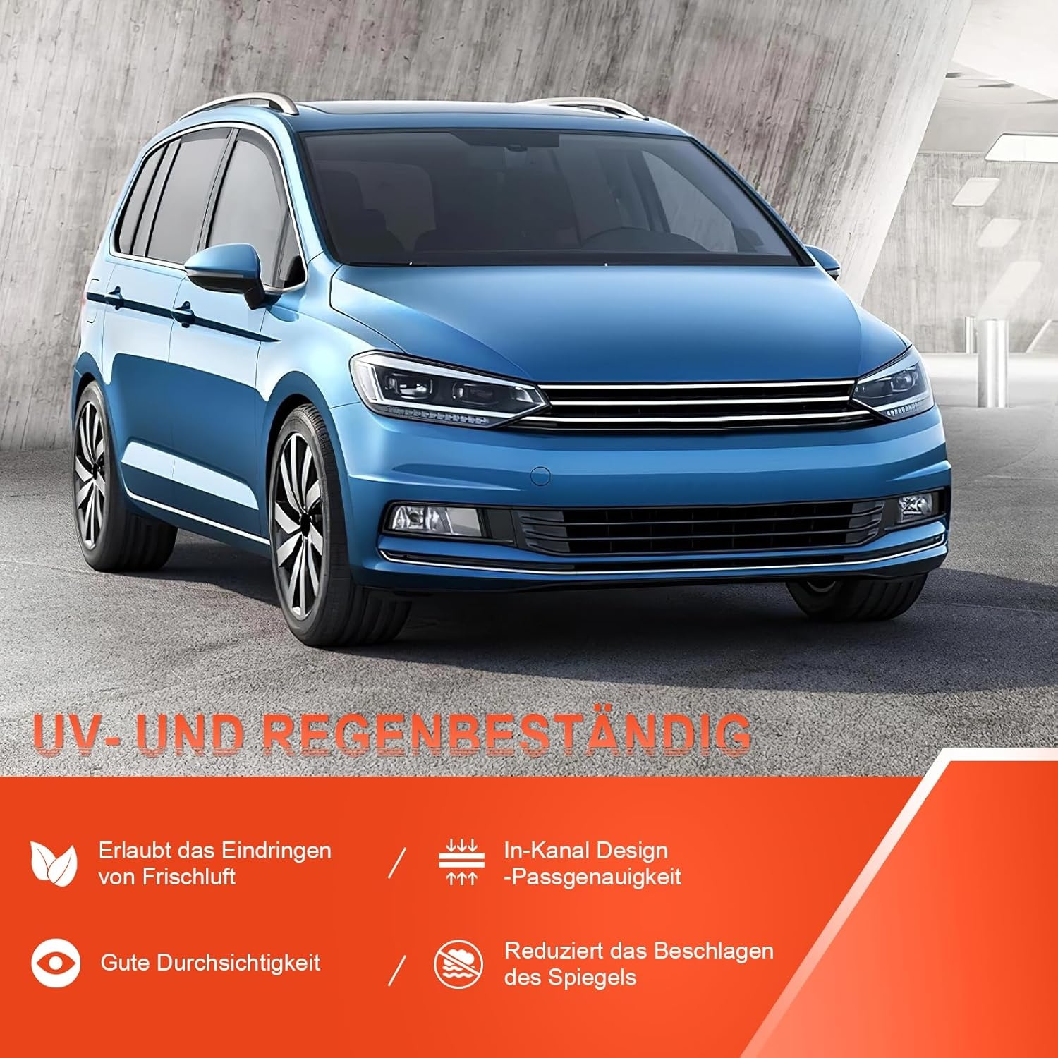 GEARMONSTER Windgeleider, zwart, compatibel met VW TOU-Ran 2004-2015, autoruiten, regenbescherming, regenbescherming, geïntegreerde deflectoren, geïntegreerde windgeleider, 4 stuks