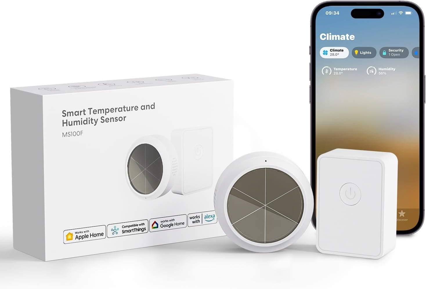 Meross WLAN Hygrometer Thermometer Indoor, inclusief een Meross Hub, slimme temperatuur- en vochtigheidssensor met app-melding, compatibel met Apple HomeKit, Alexa, Google Home, SmartThings - Maat starterset Met hub