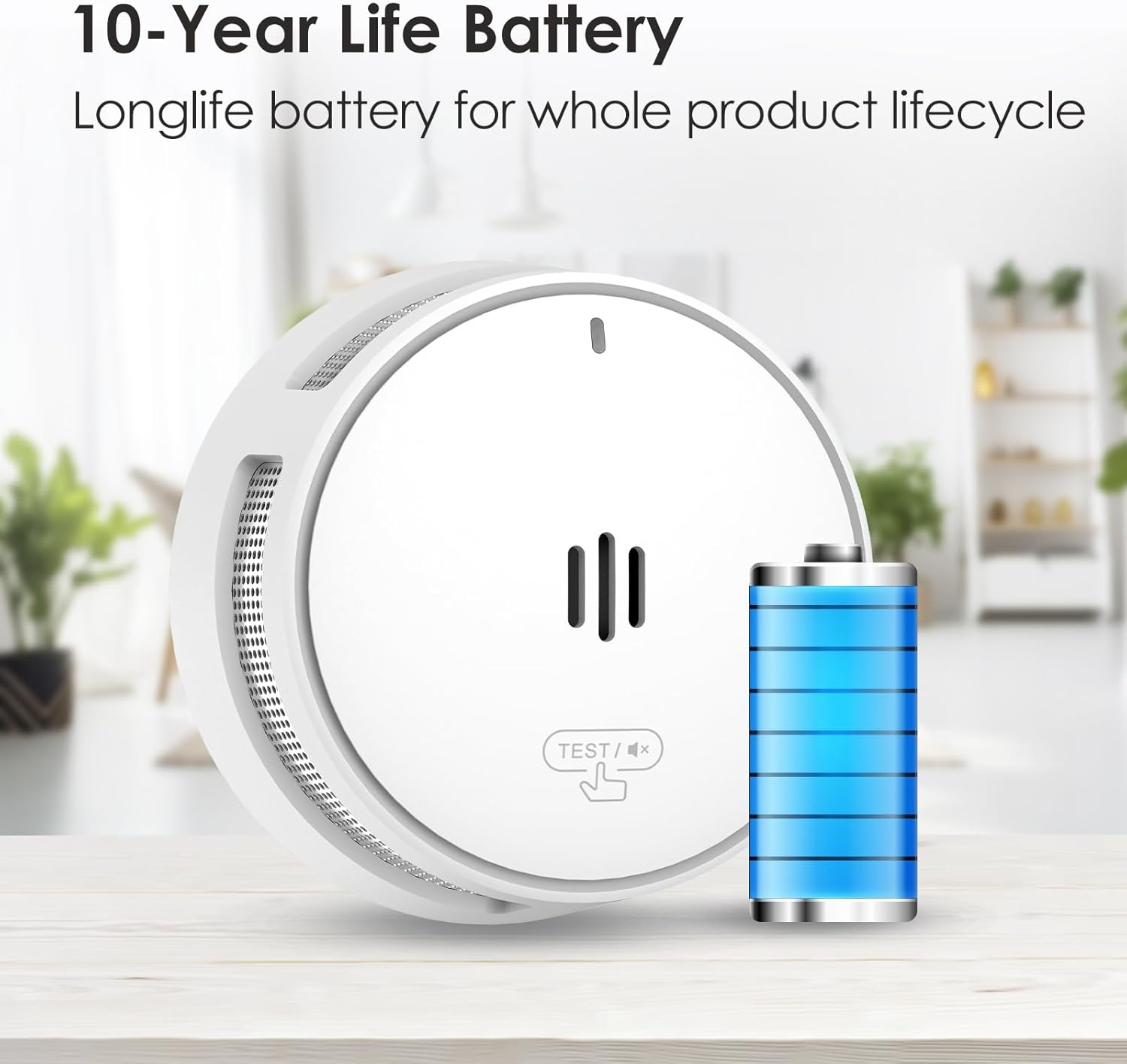 Rookmelder, 10 jaar batterij, rookmelder voor thuis, vuuralarm met dempknop op afstand, grote test-/dempknop, voldoet aan EN14604 (5 stuks)