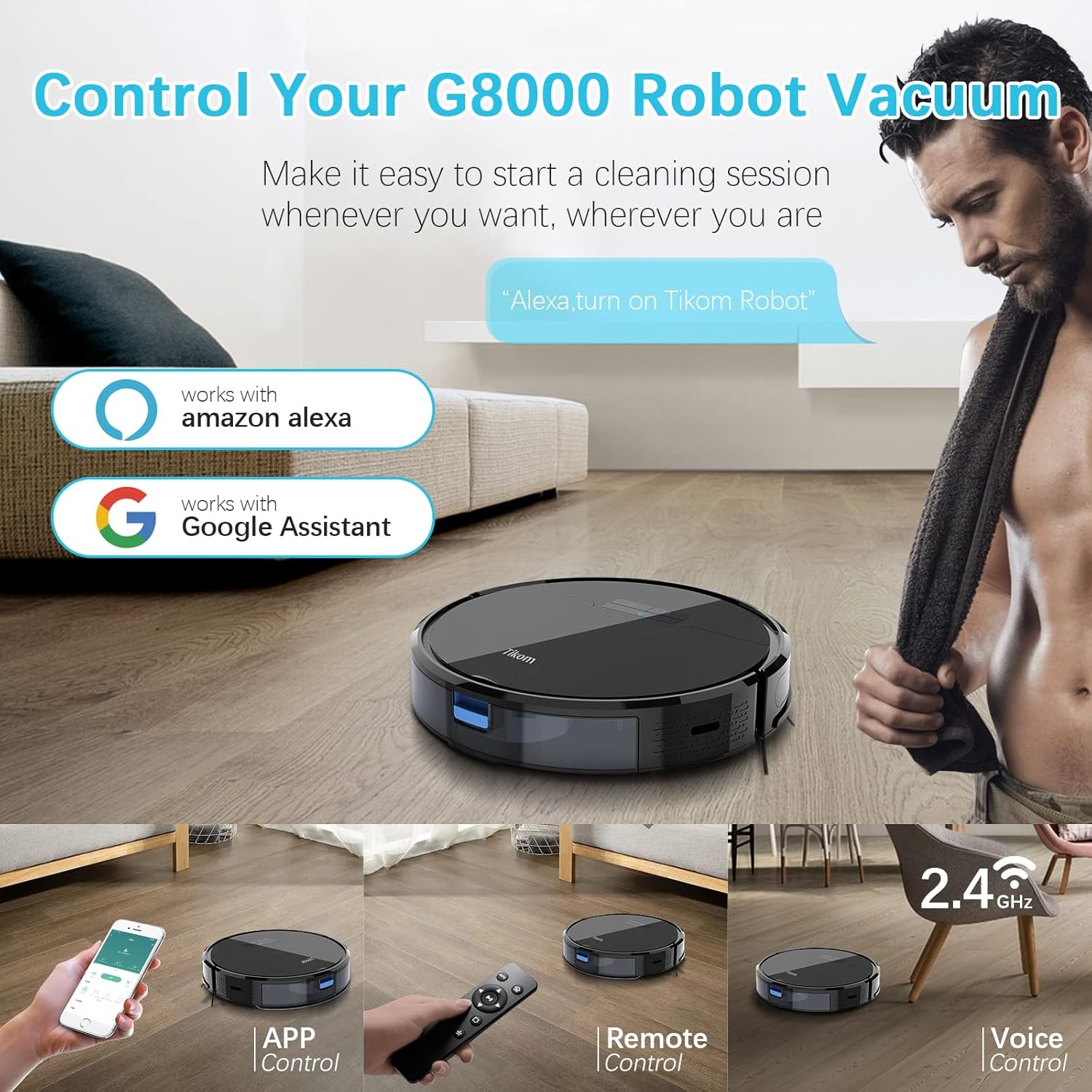 Tikom G8000 Robot Vacuum Cleaner with Mop Function, 2700Pa Suction Power, WiFi, Ideal for Pet Hair, Carpets and Hard Floors