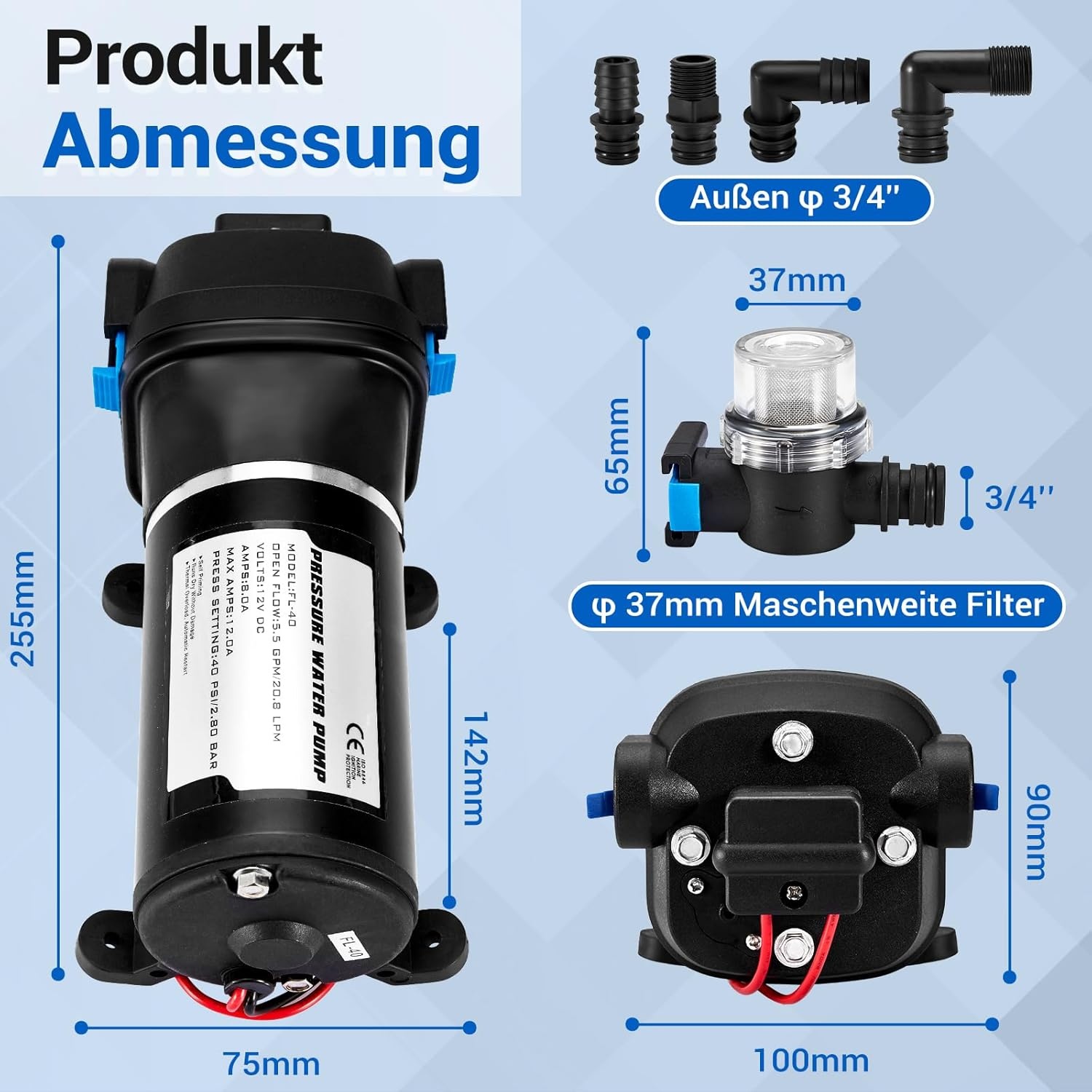 Gedlex 12V Caravan Waterpomp 20.8 LPM met Filter, 40 PSI Werkdruk