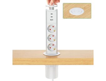 Inschuifbaar tafelstopcontact, 2 USB C PD 20 W, inbouwstopcontact, inschuifbaar, 3-voudig met USB, intrekbaar stopcontact met USB voor werkblad, keuken, kantoor, inbouwstekkerdoos met USB, 1,8 m kabel
