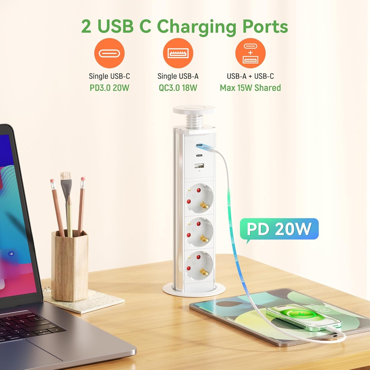 Inschuifbaar tafelstopcontact, 2 USB C PD 20 W, inbouwstopcontact, inschuifbaar, 3-voudig met USB, intrekbaar stopcontact met USB voor werkblad, keuken, kantoor, inbouwstekkerdoos met USB, 1,8 m kabel