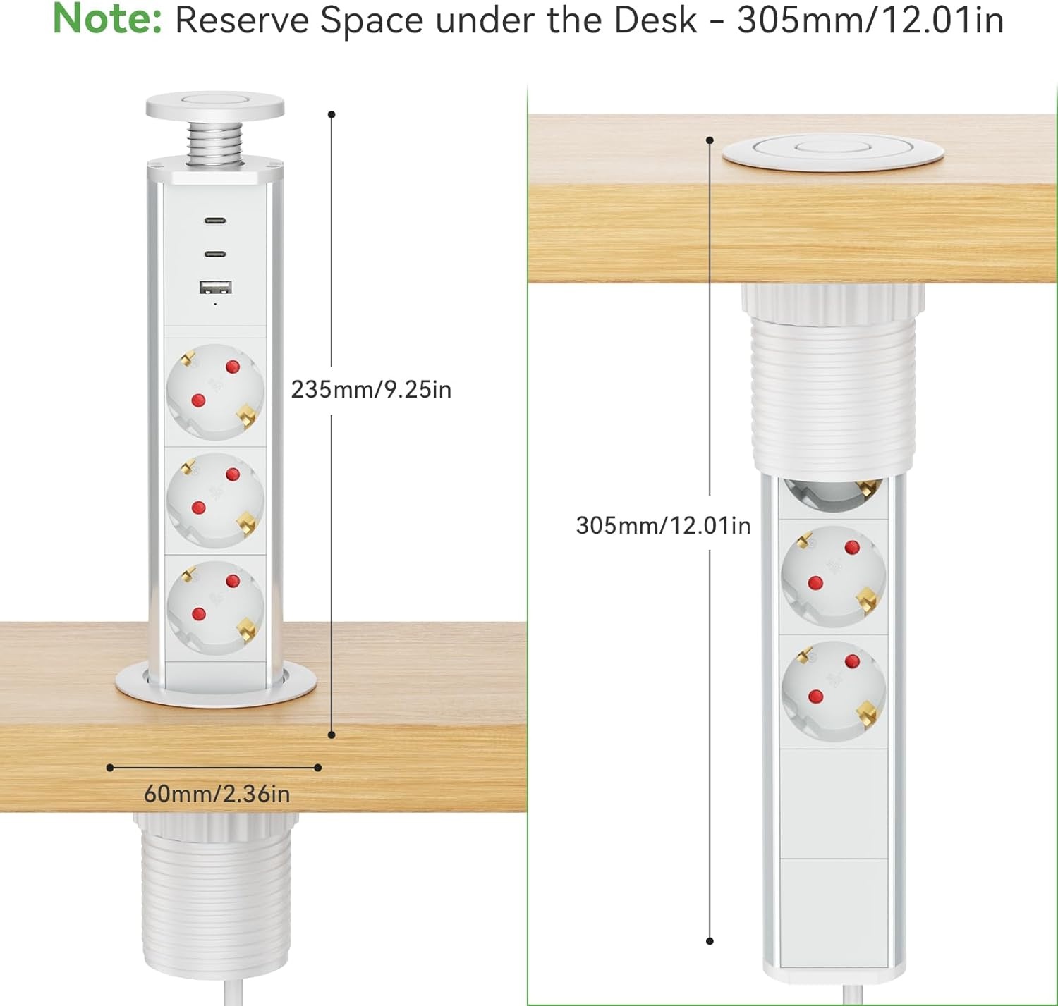 Inschuifbaar tafelstopcontact, 2 USB C PD 20 W, inbouwstopcontact, inschuifbaar, 3-voudig met USB, intrekbaar stopcontact met USB voor werkblad, keuken, kantoor, inbouwstekkerdoos met USB, 1,8 m kabel