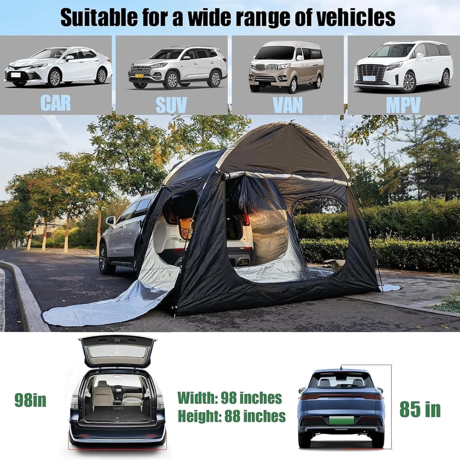 Auto achtertent voor 2-3 personen, met 3 grote kanalen, achtertent SUV zonwering, achtertent voor camping, waterdicht en duurzaam, voor zelfaandrijving/lange reizen